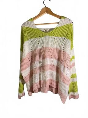 Pol Light Weight Summer Striped Knit Sweater in Pink/White/Green (fit XL)